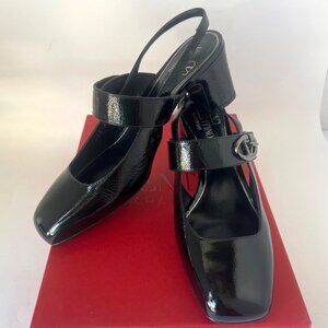 Valentino Garavani VLogo Black Leather Slingback Pumps Women Heel Size 37.5
